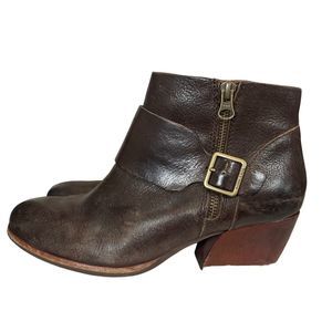 Kork-Ease lsa Brown Leather Booties Double Zip-Up Buckled Heel Sz 8
